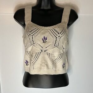 Pink Rose Floral embroidered knit sweater Crop top Size Small Cottagecore‎ Boho